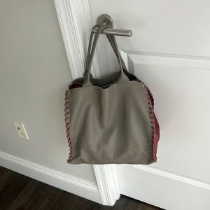 Taupe and red snakeskin tote with hook inside closure